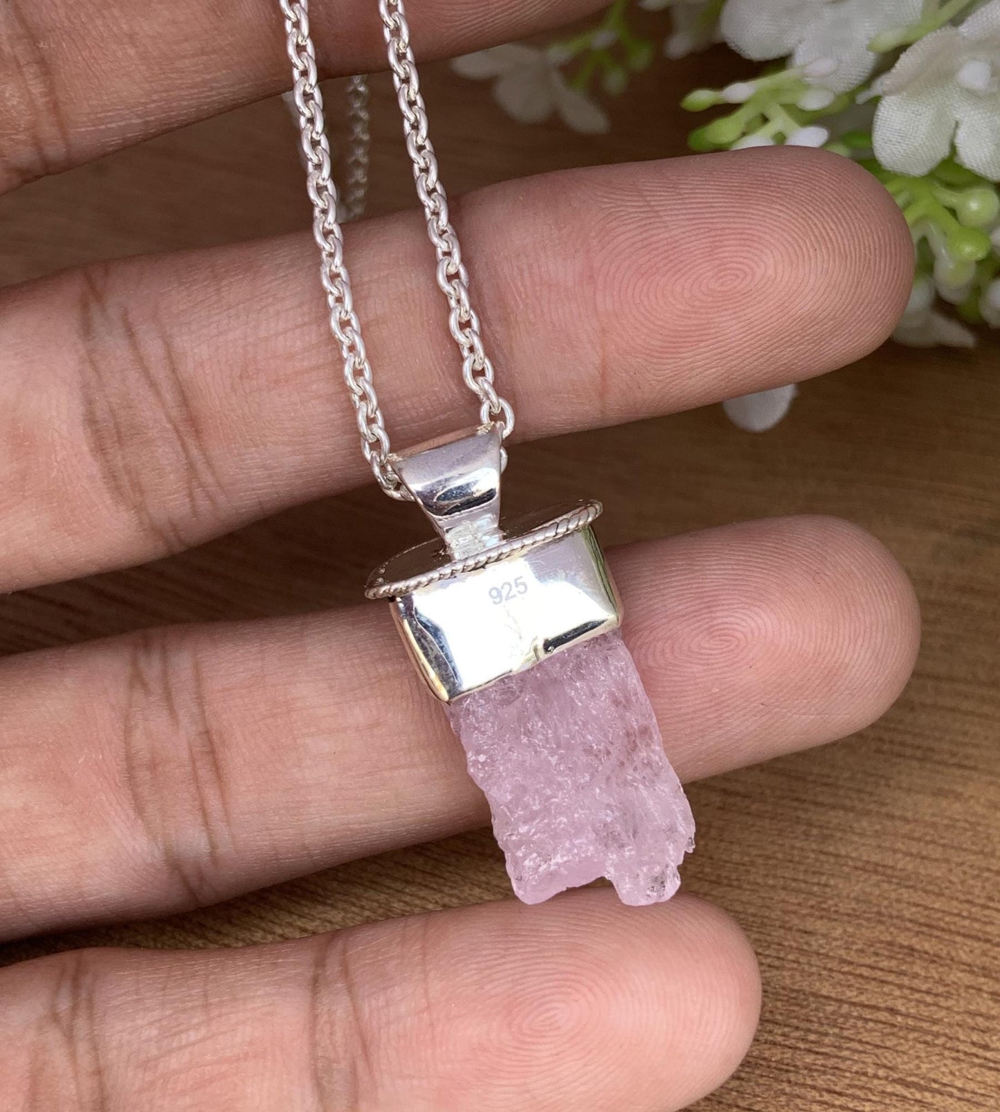 Rough Morganite Necklace – Pink Crystal Sterling Silver Pendant, Gift for Her
