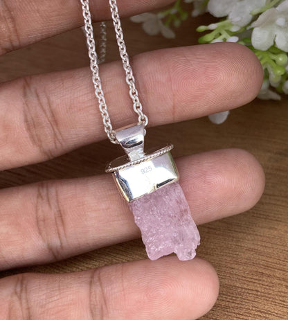 Rough Morganite Necklace – Pink Crystal Sterling Silver Pendant, Gift for Her