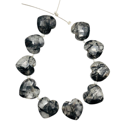 Natural Black Rutile Hand Carved Heart Shape Gemstone Beads , Faceted Carved Heart Shape Gemstone Briolette , Size 10mm, SKU-BBI339