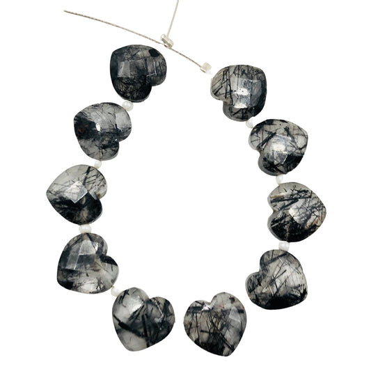 Natural Black Rutile Hand Carved Heart Shape Gemstone Beads , Faceted Carved Heart Shape Gemstone Briolette , Size 10mm, SKU-BBI339