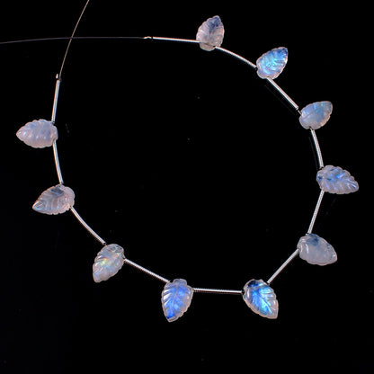 10 pcs Natural Flashy Blue Rainbow Moonstone Leaf Shape Carved Gemstone Beads Briolette ,White Rainbow Gemstone jewelry 7mmX10mm BBI923