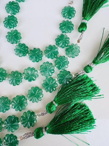 10 Pieces Natural Green Strawberry Carved Flower gemstone Fancy shape Slot Carved Briolette beads for jewelry making Size 14mm to 15mm