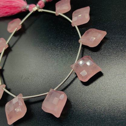 10 Pieces Natural Rose Quartz Carved Fancy Cut Shape Gemstone Briolette Side Drill Beads Line | Faceted Gemstone Beads. BBI1016