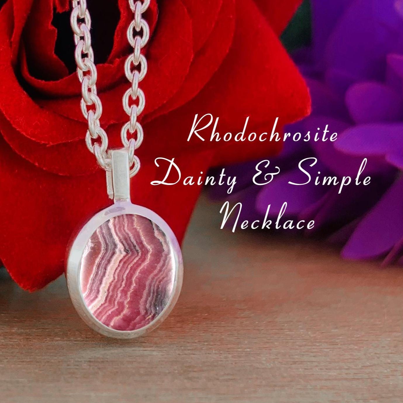 Pink Rhodochrosite Necklace – Dainty Silver Birthstone Pendant, Gift for Her