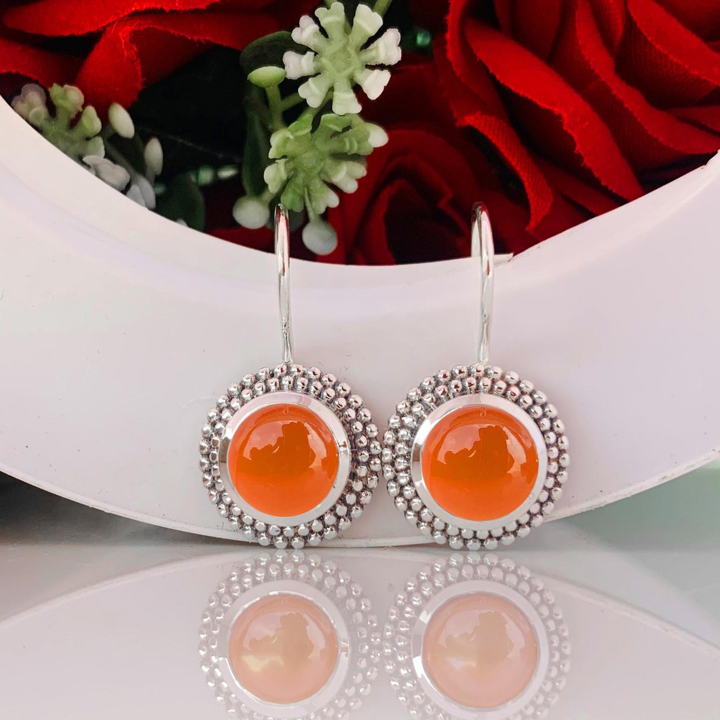Natural Carnelian Earrings ~ Round Stone Earrings ~ Bohemian Fashion Jewelry ~ Sterling Silver Earrings ~ Wedding Gift For Her ~ E-0018