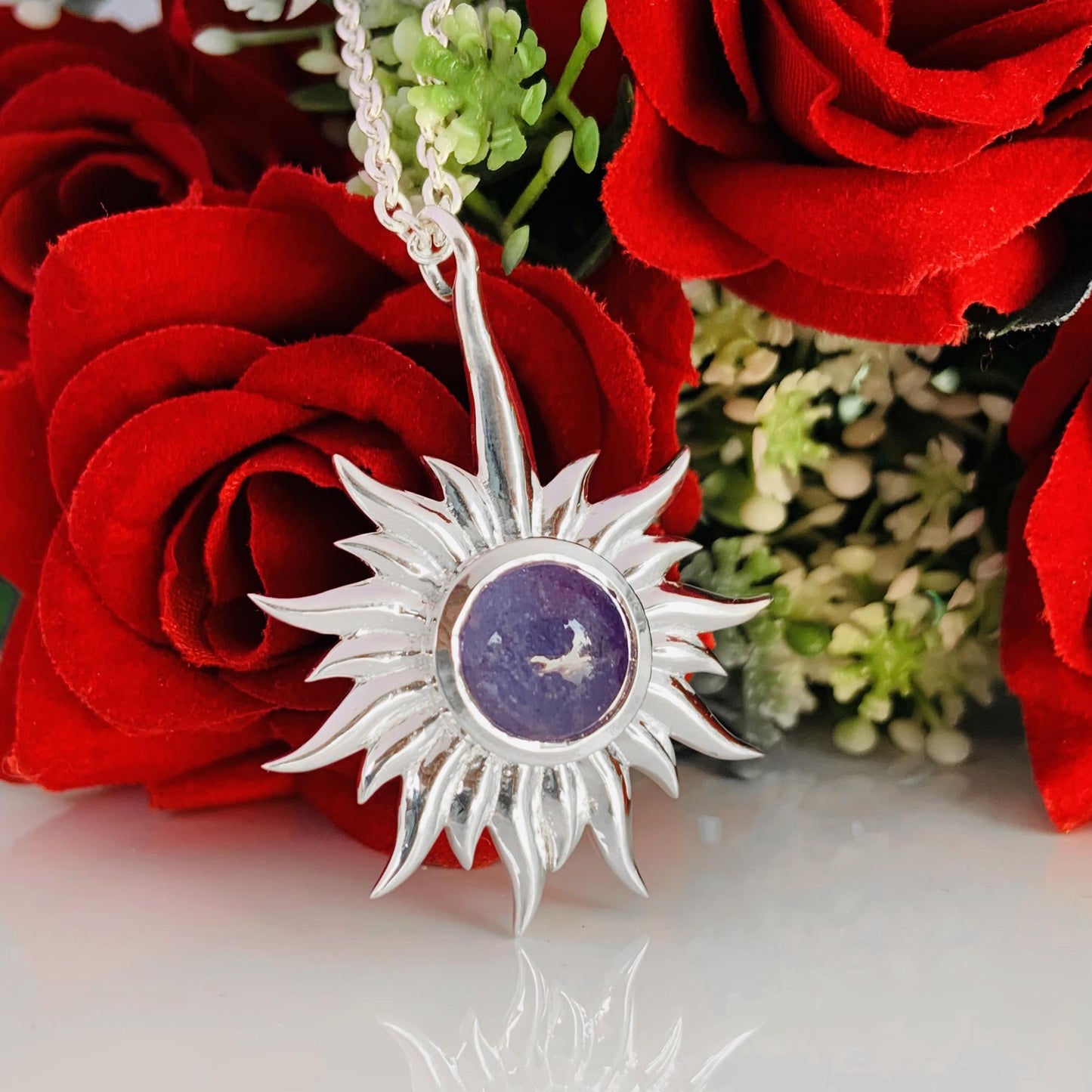 Tanzanite Celestial Necklace – Silver Statement Pendant, Gift for Her