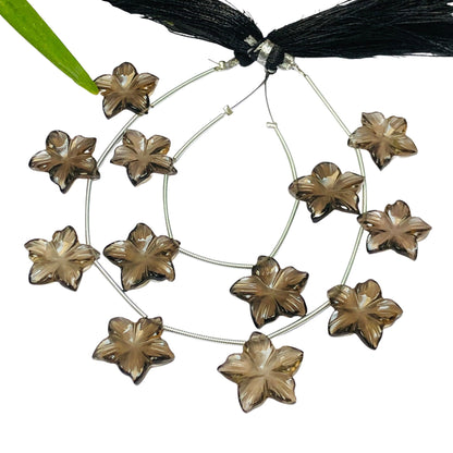 4 Pieces Natural Smoky Quartz Carved Jasmine Flower gemstone Beads Side Drill Beads size 15X15X3 mm Handmade gemstone Beads For Bracelet