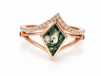Lab Grown Moss Agate Ring with CZ Accents, Kite Shape Engagement Ring Set in 14K Gold