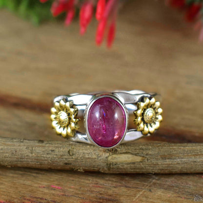 Natural Pink Tourmaline Sunflower Ring in 925 Silver