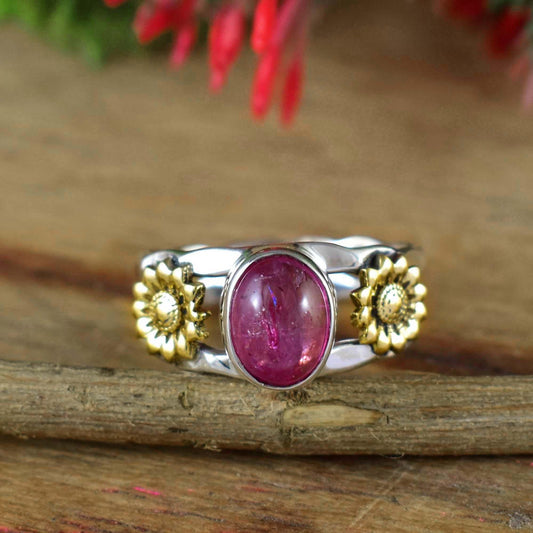 Natural Pink Tourmaline Sunflower Ring in 925 Silver