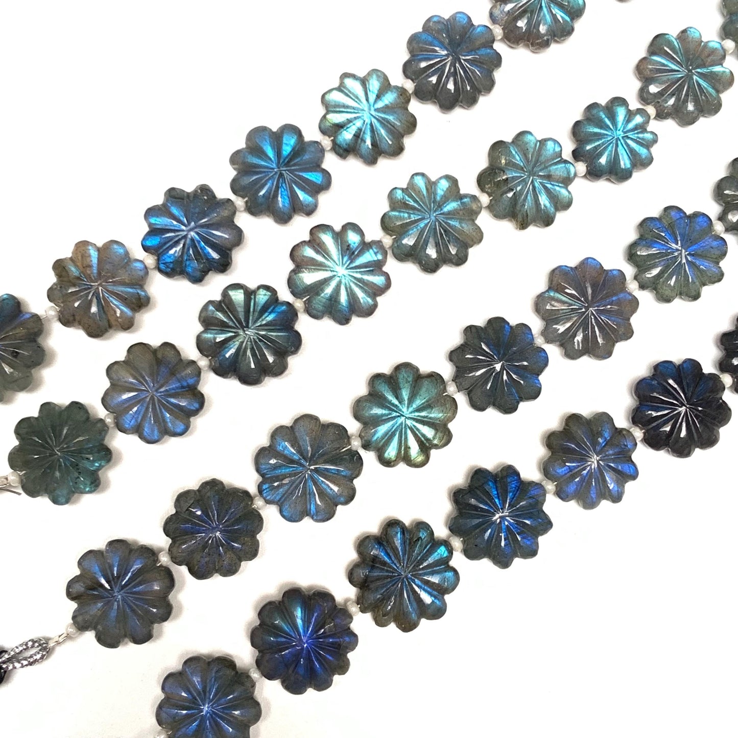 Natural Labradorite Flower Beads 10 Pcs - Blue Flash Carved Gemstone Briolette