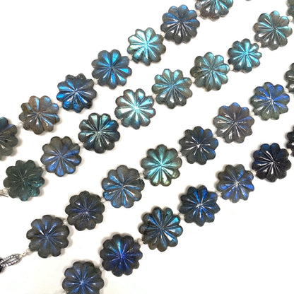 Natural Labradorite Flower Beads 10 Pcs - Blue Flash Carved Gemstone Briolette