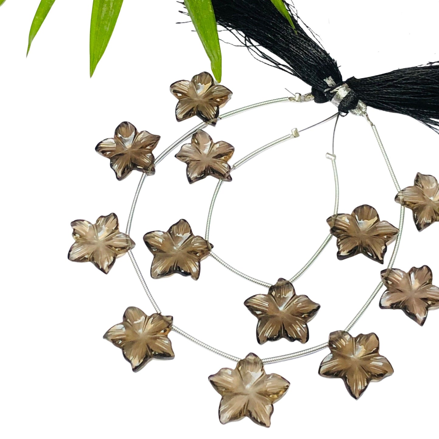 4 Pieces Natural Smoky Quartz Carved Jasmine Flower gemstone Beads Side Drill Beads size 15X15X3 mm Handmade gemstone Beads For Bracelet