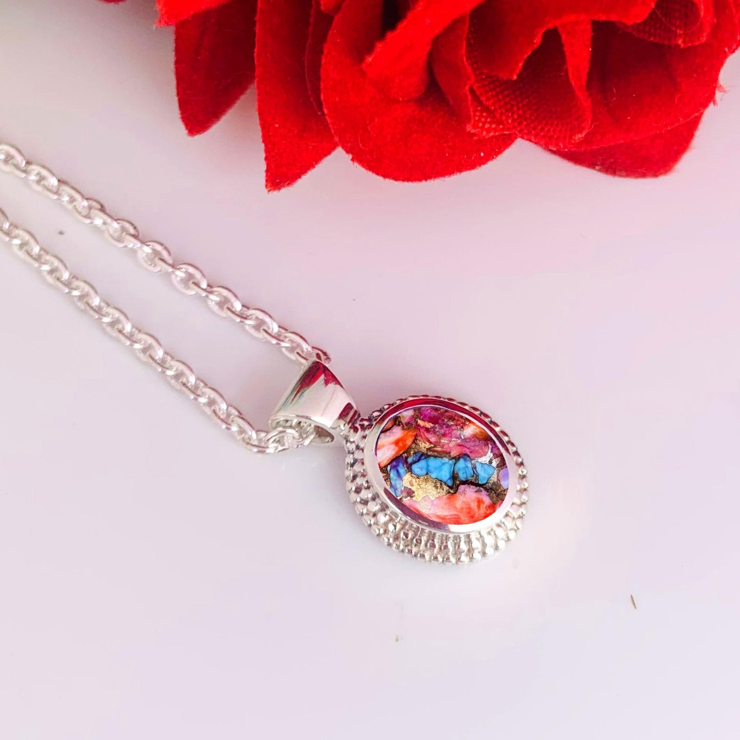 Pink Dahlia Turquoise Necklace – Dainty Silver Boho Pendant, Gift for Her