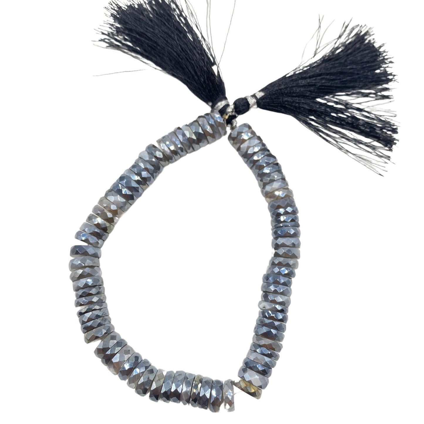 AAA+ Quality Natural Dark Gray Moonstone Faceted Tyre Heishi Beads , Silver Coated Gray moonstone Gemstone Tyre Wheel Beads , SKU-BBI608