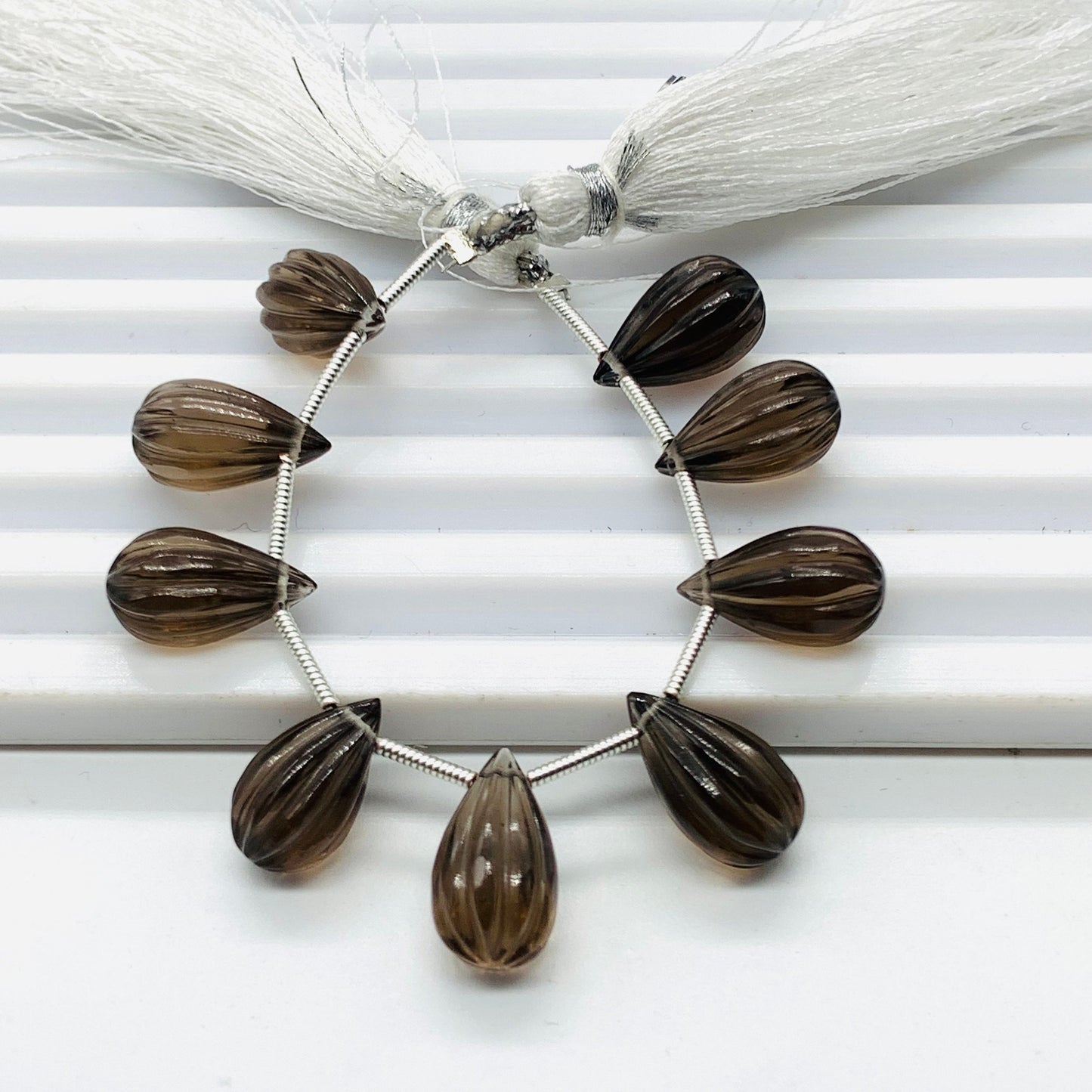 10 Pieces Natural Smoky Quartz Carved Drops Briolette Beads Size 14x8mm Natural Smoky Quartz Faceted Gemstone Tear drops for Jewelry making