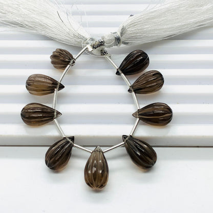10 Pieces Natural Smoky Quartz Carved Drops Briolette Beads Size 14x8mm Natural Smoky Quartz Faceted Gemstone Tear drops for Jewelry making