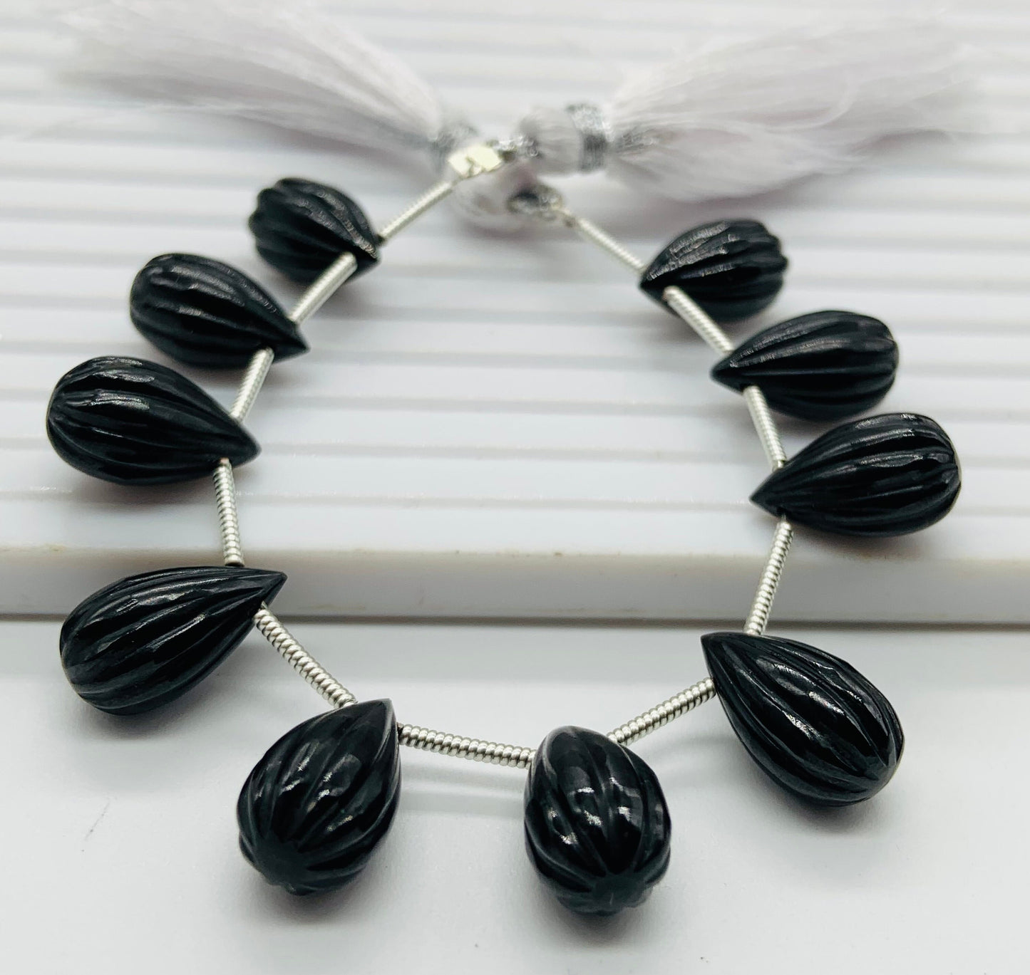 Natural  Black Onyx Teardrop Beads 14x8mm – 10pcs Carved Faceted Drops Briolette