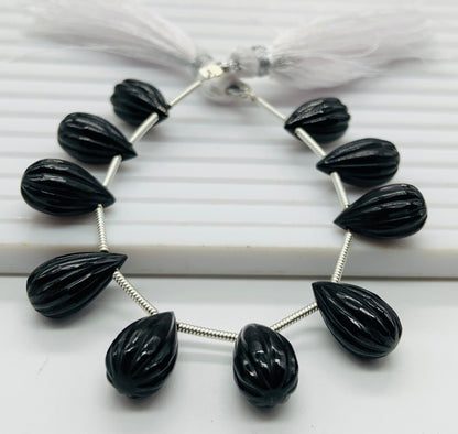 Natural  Black Onyx Teardrop Beads 14x8mm – 10pcs Carved Faceted Drops Briolette