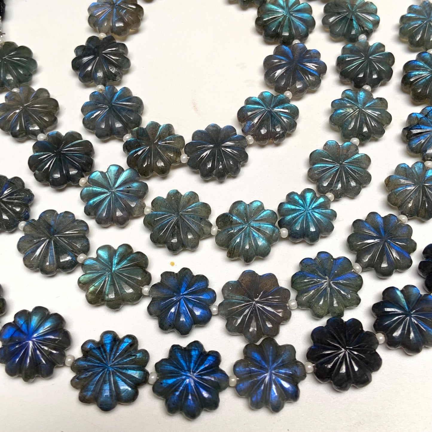Natural Labradorite Flower Beads 10 Pcs - Blue Flash Carved Gemstone Briolette