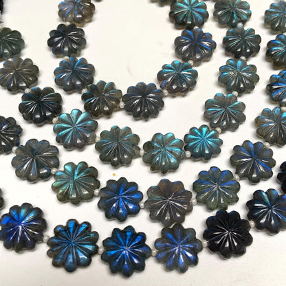 Natural Labradorite Flower Beads 10 Pcs - Blue Flash Carved Gemstone Briolette