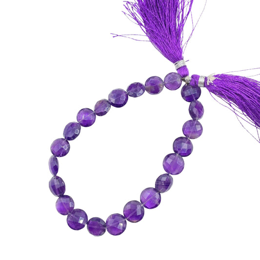 Natural Amethyst Faceted Round Coin Gemstone Beads 8" Strand