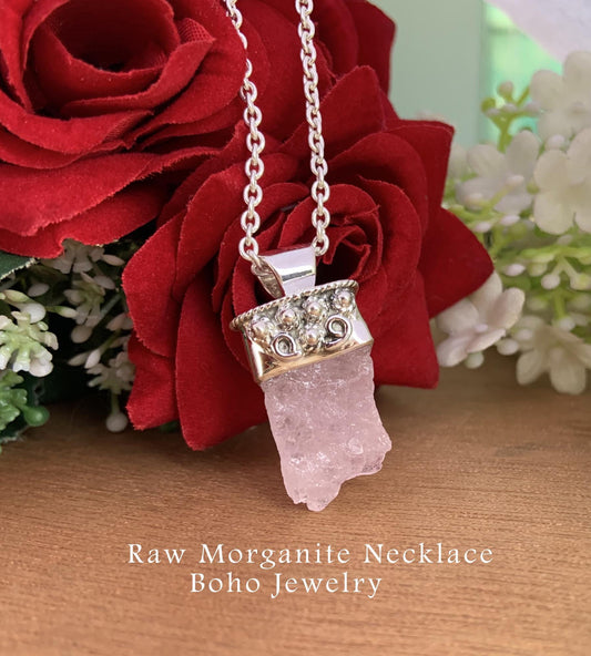 Rough Morganite Necklace – Pink Crystal Sterling Silver Pendant, Gift for Her