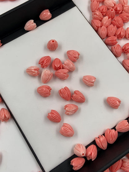 Pink Coral Flower Beads – 10pcs Carved Jasmine Buds 8x10mm
