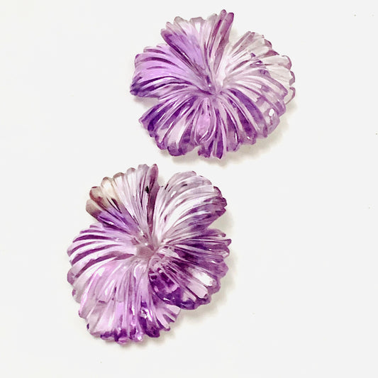 1 Pair Natural Amethyst Hand Carved Flower Shape Briolette Beads, Handmade Carving Pair Gemstone Size - 33X26X8mm