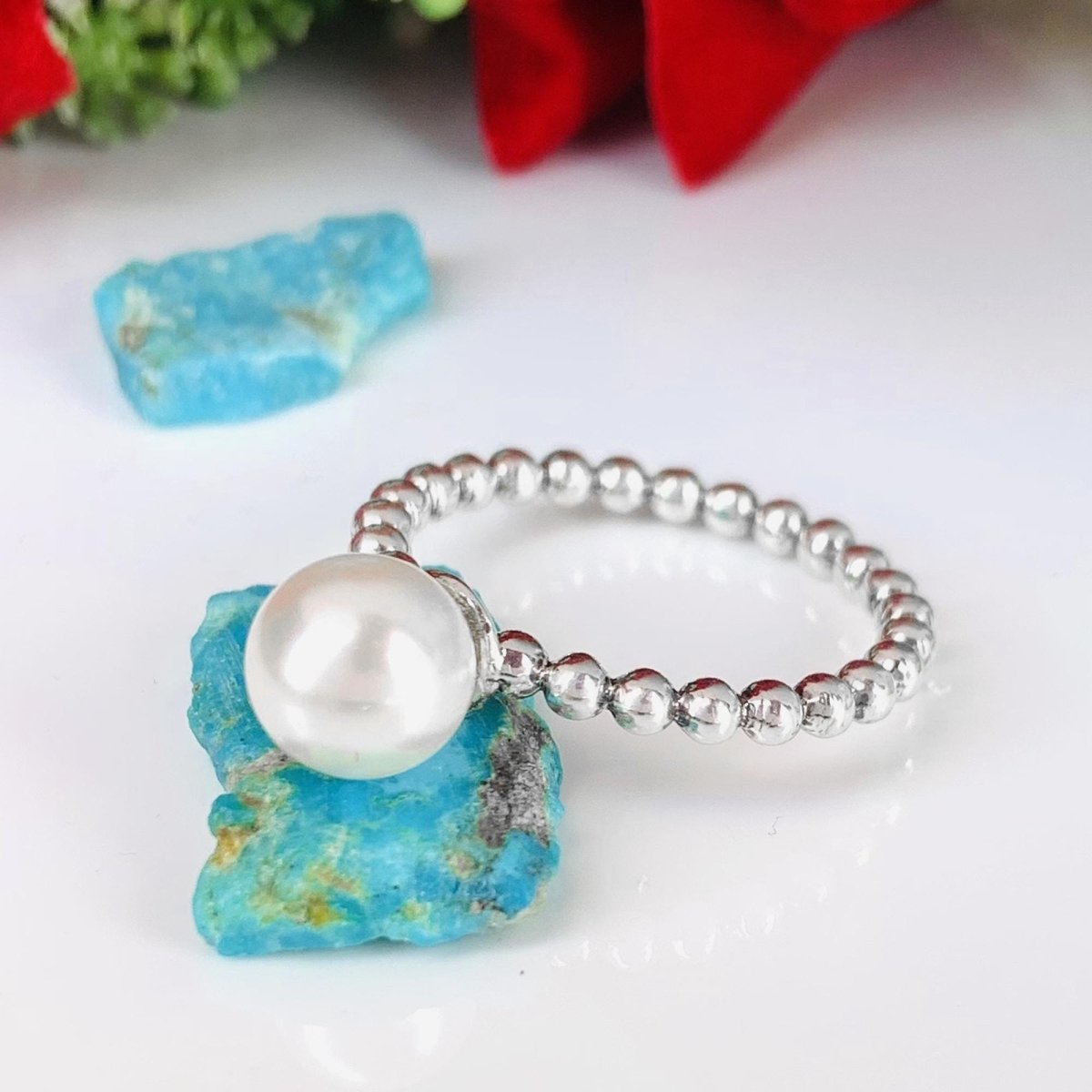 8mm Round Pearl Ball Stacking Ring in 925 Silver - BeadsBoatInc