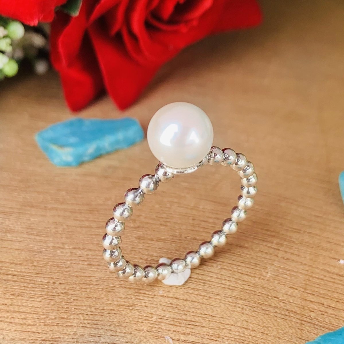 8mm Round Pearl Ball Stacking Ring in 925 Silver - BeadsBoatInc