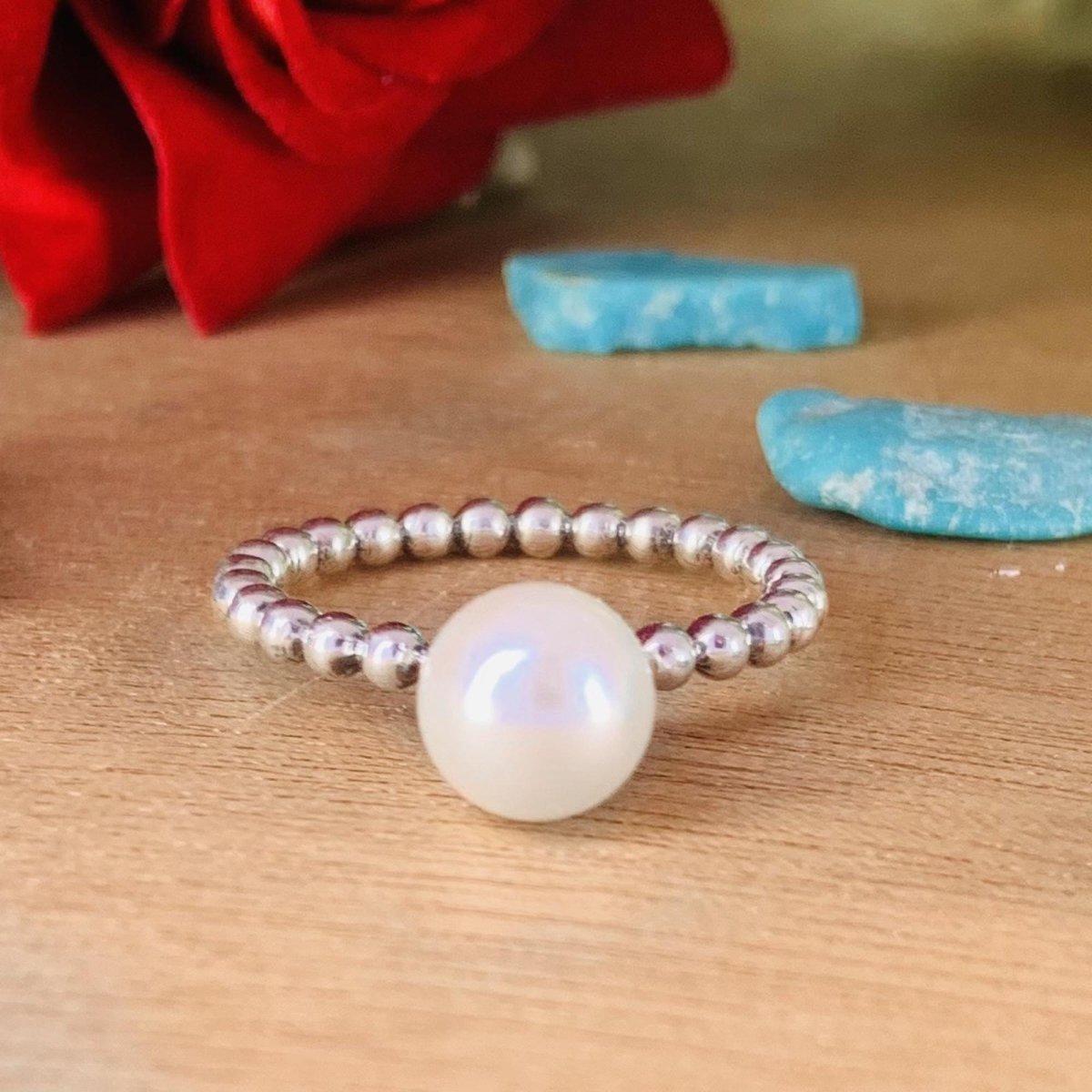 8mm Round Pearl Ball Stacking Ring in 925 Silver - BeadsBoatInc