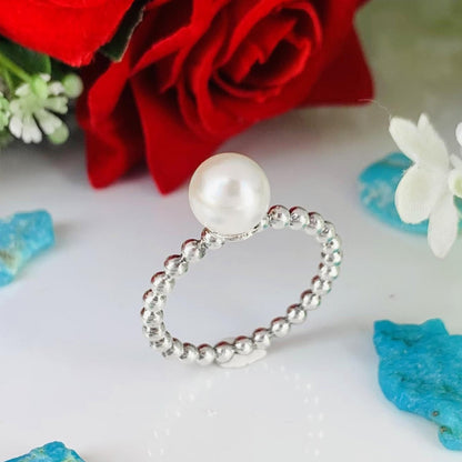 8mm Round Pearl Ball Stacking Ring in 925 Silver - BeadsBoatInc