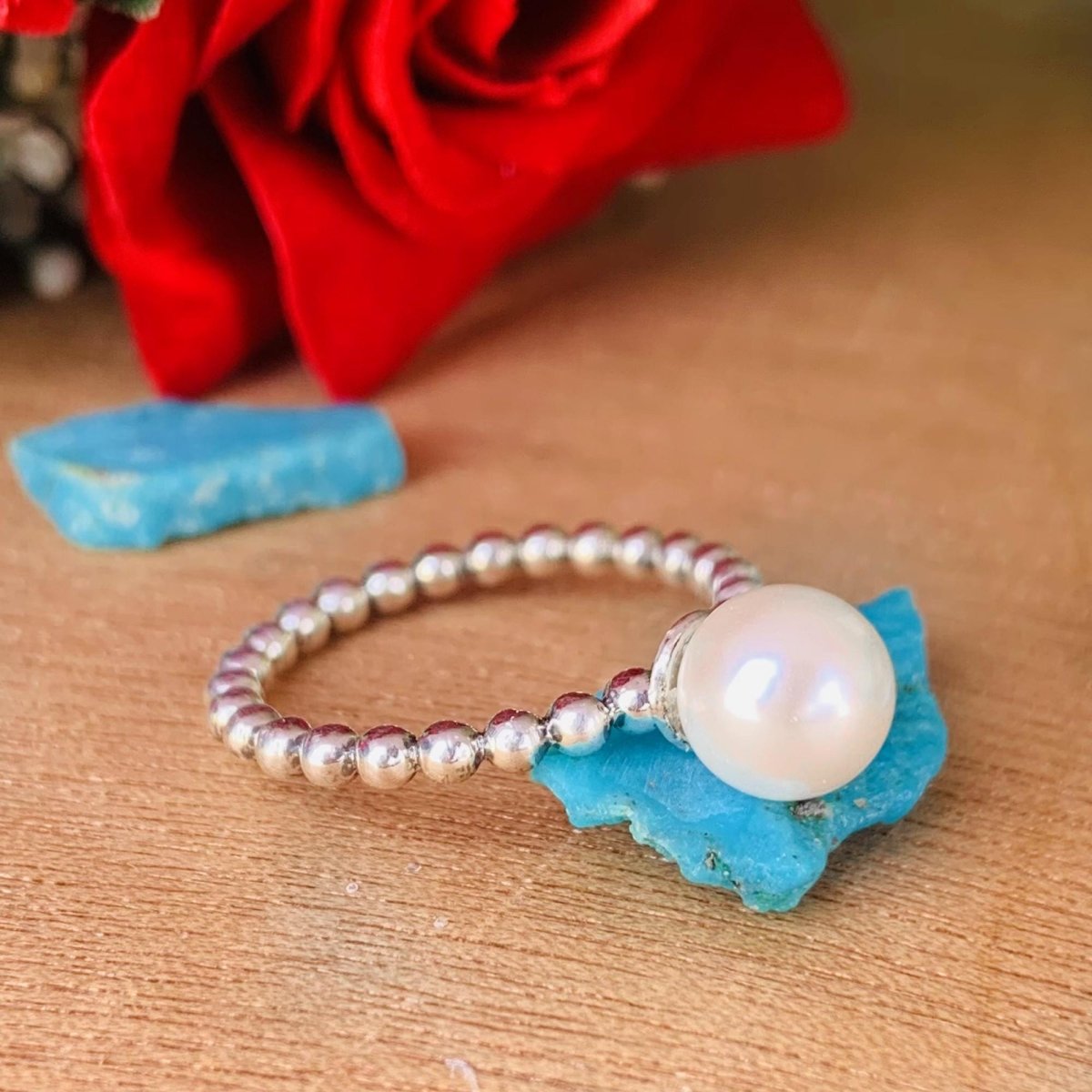 8mm Round Pearl Ball Stacking Ring in 925 Silver - BeadsBoatInc