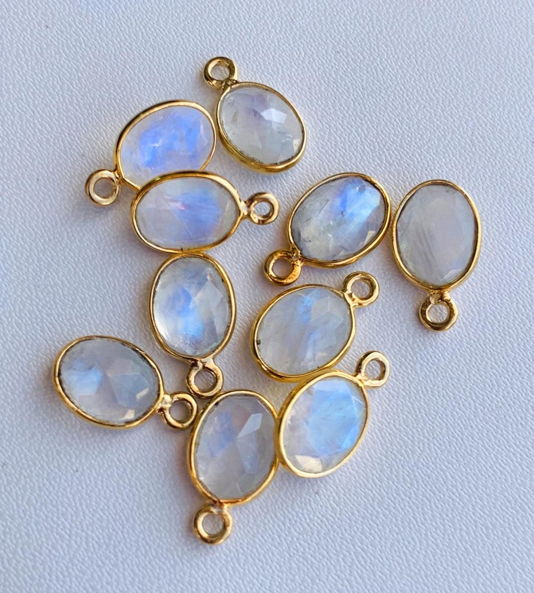 8x6 mm Faceted Rainbow Moonstone Connectors ~ Oval Bezel Link ~ Silver & Gold Charm for Earrings, Bracelets, and Birthstone Jewelry Supplies - BeadsBoatInc