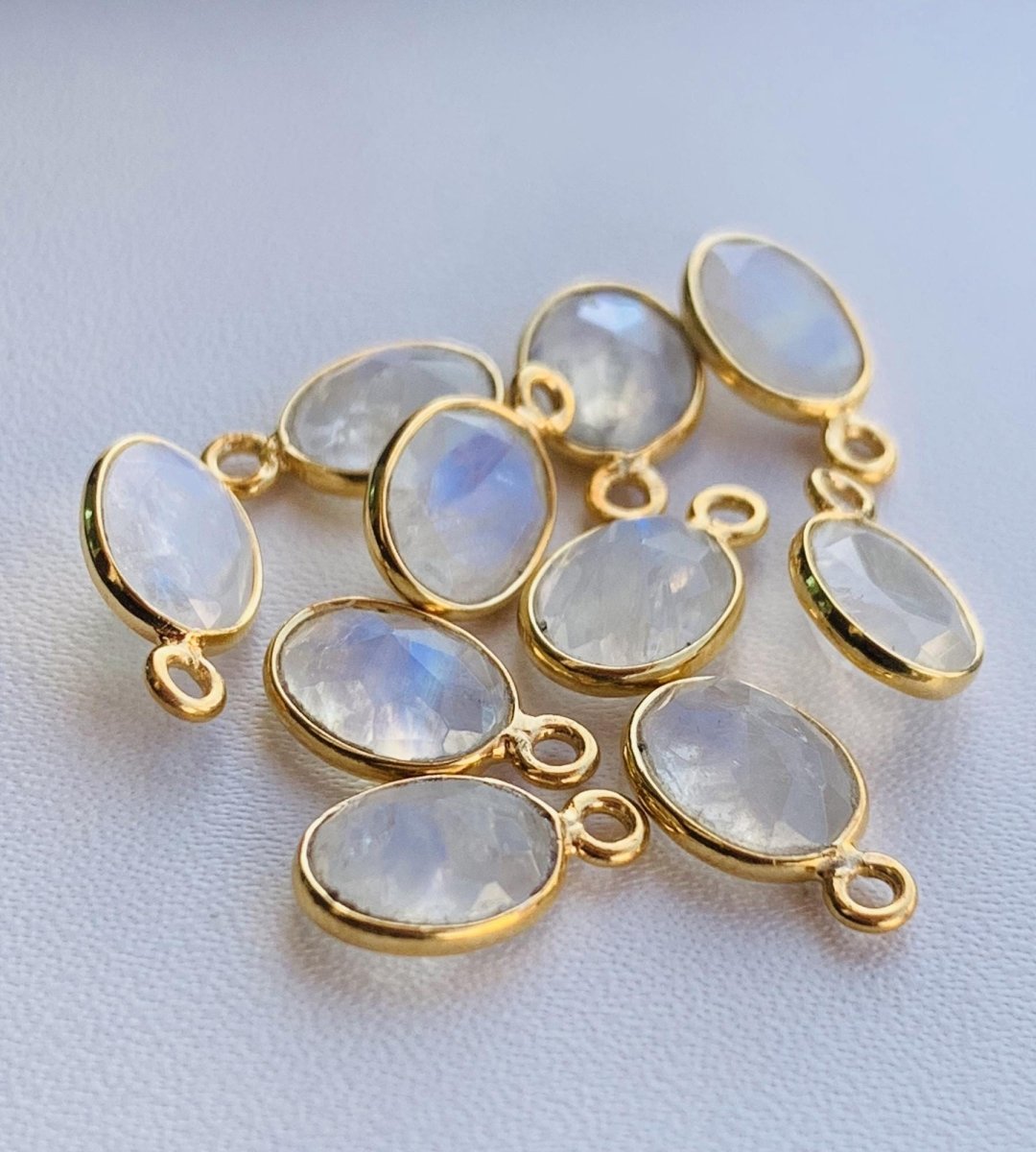 8x6 mm Faceted Rainbow Moonstone Connectors ~ Oval Bezel Link ~ Silver & Gold Charm for Earrings, Bracelets, and Birthstone Jewelry Supplies - BeadsBoatInc