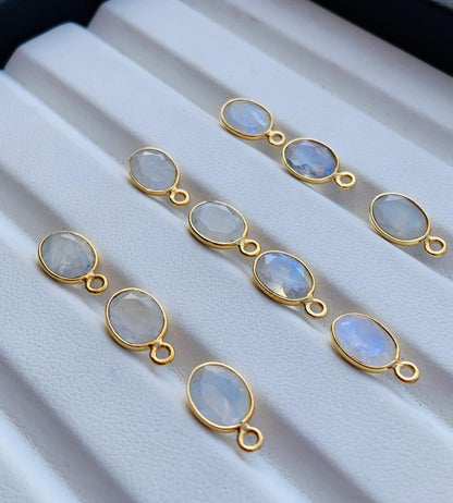 8x6 mm Faceted Rainbow Moonstone Connectors ~ Oval Bezel Link ~ Silver & Gold Charm for Earrings, Bracelets, and Birthstone Jewelry Supplies - BeadsBoatInc