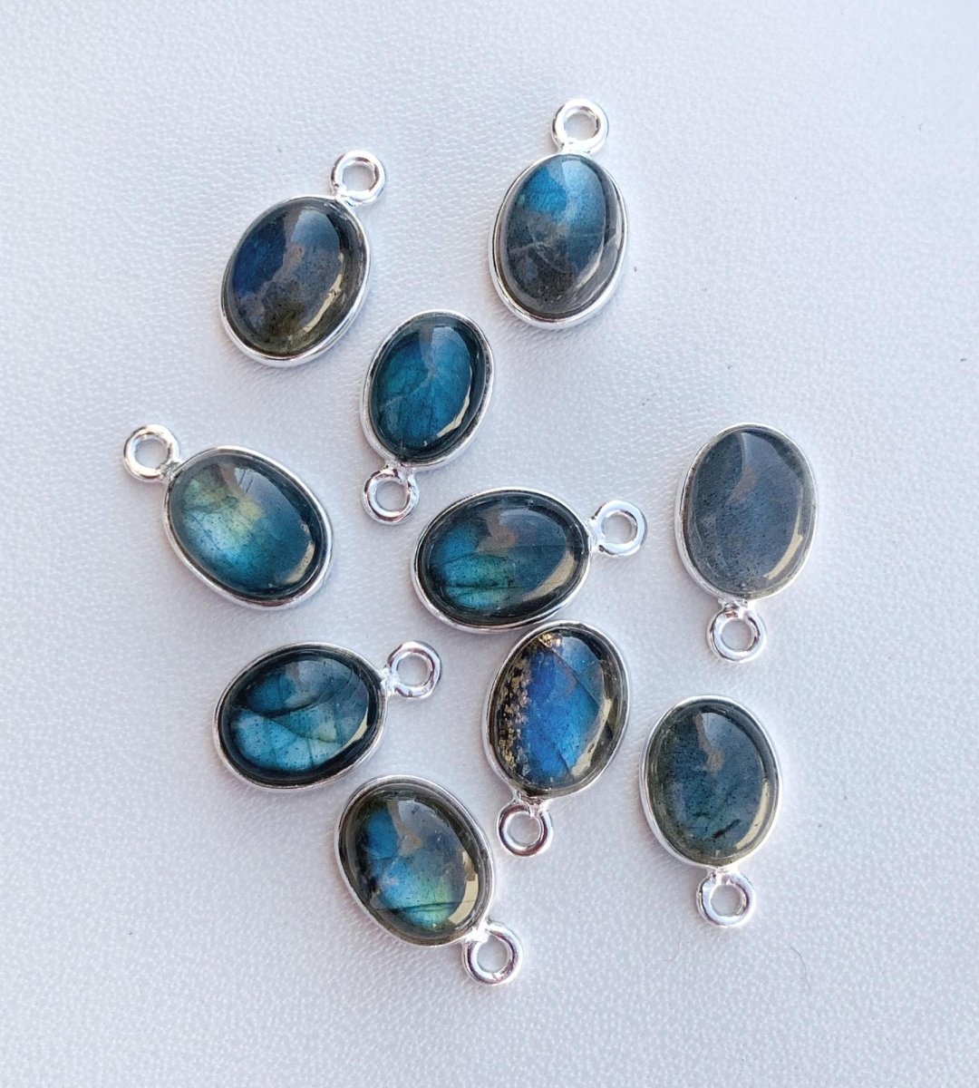 8x6 mm Labradorite Connectors ~ Oval Bezel Link ~ Silver & Gold Charm for Earrings, Bracelets, and Birthstone Jewelry Supplies - BeadsBoatInc