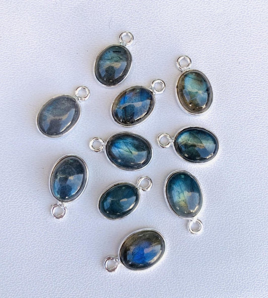 8x6 mm Labradorite Connectors ~ Oval Bezel Link ~ Silver & Gold Charm for Earrings, Bracelets, and Birthstone Jewelry Supplies - BeadsBoatInc