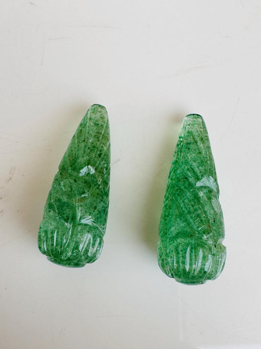 1 Pair Natural Green Strawberry Hand Carved Drop Shape Briolette Beads, Handmade Matching Pair beads, Earring Making Gemstone Size - 9x26mm