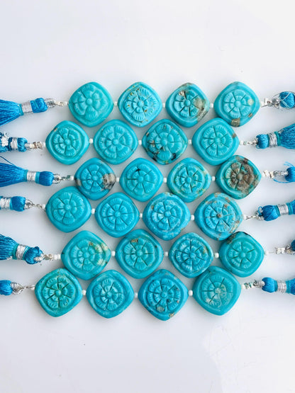 4 Pcs Arizona Turquoise Carved Flower Briolette Beads 15x15mm
