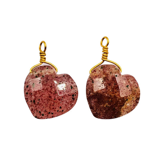 2 Piece Natural Red Strawberry Faceted Heart Shape Gemstone, Single Bail Gold Plated Wire Connector, Size 10mm, Charms & Pendent, SKU-BBI331