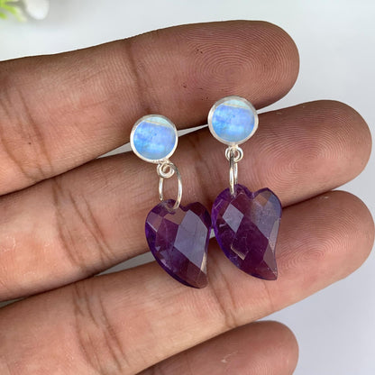 Elegant Amethyst Heart and Moonstone Dangle Earrings – Sterling Silver Handmade Jewelry for a Romantic & Timeless Look