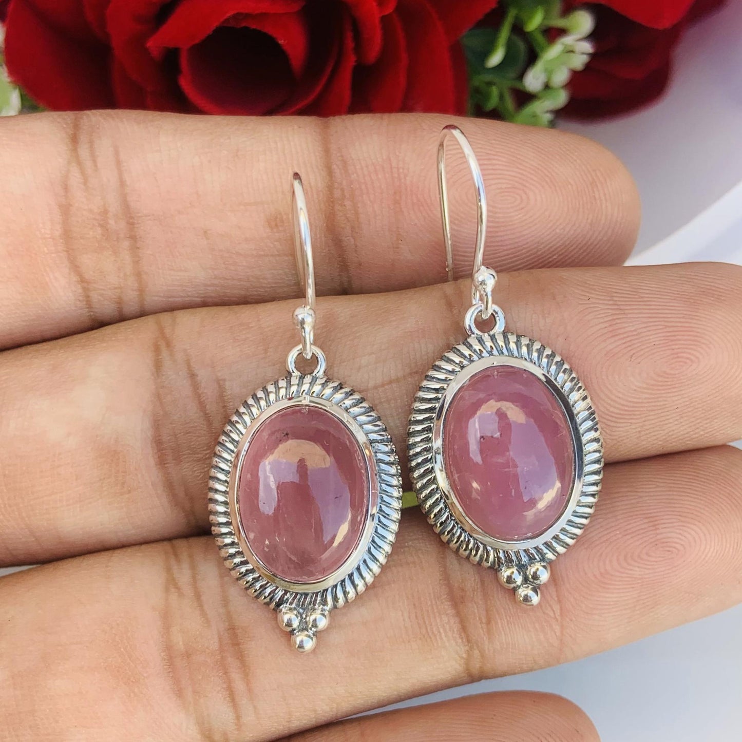 Rose Quartz Earrings ~ Ridged Rope Detailing ~ 925 Sterling Silver ~ Classic Timeless Design for every day ~ Birthday Gift For Her ~ E-0026