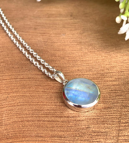 Rainbow Moonstone Full Moon Necklace – Dainty Solitaire Pendant in Silver or 18K Gold