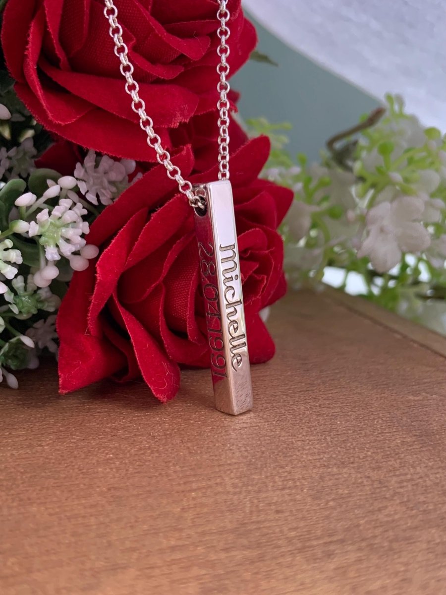 925 Silver Engraved Name Bar Necklace – Silver, Gold & Rose Gold - BeadsBoatInc