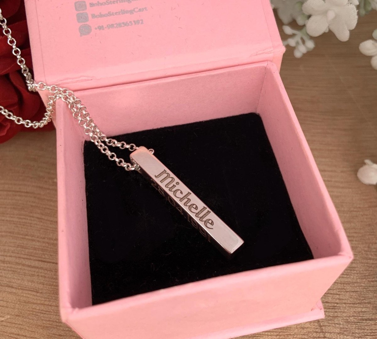925 Silver Engraved Name Bar Necklace – Silver, Gold & Rose Gold - BeadsBoatInc