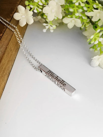 925 Silver Engraved Name Bar Necklace – Silver, Gold & Rose Gold - BeadsBoatInc
