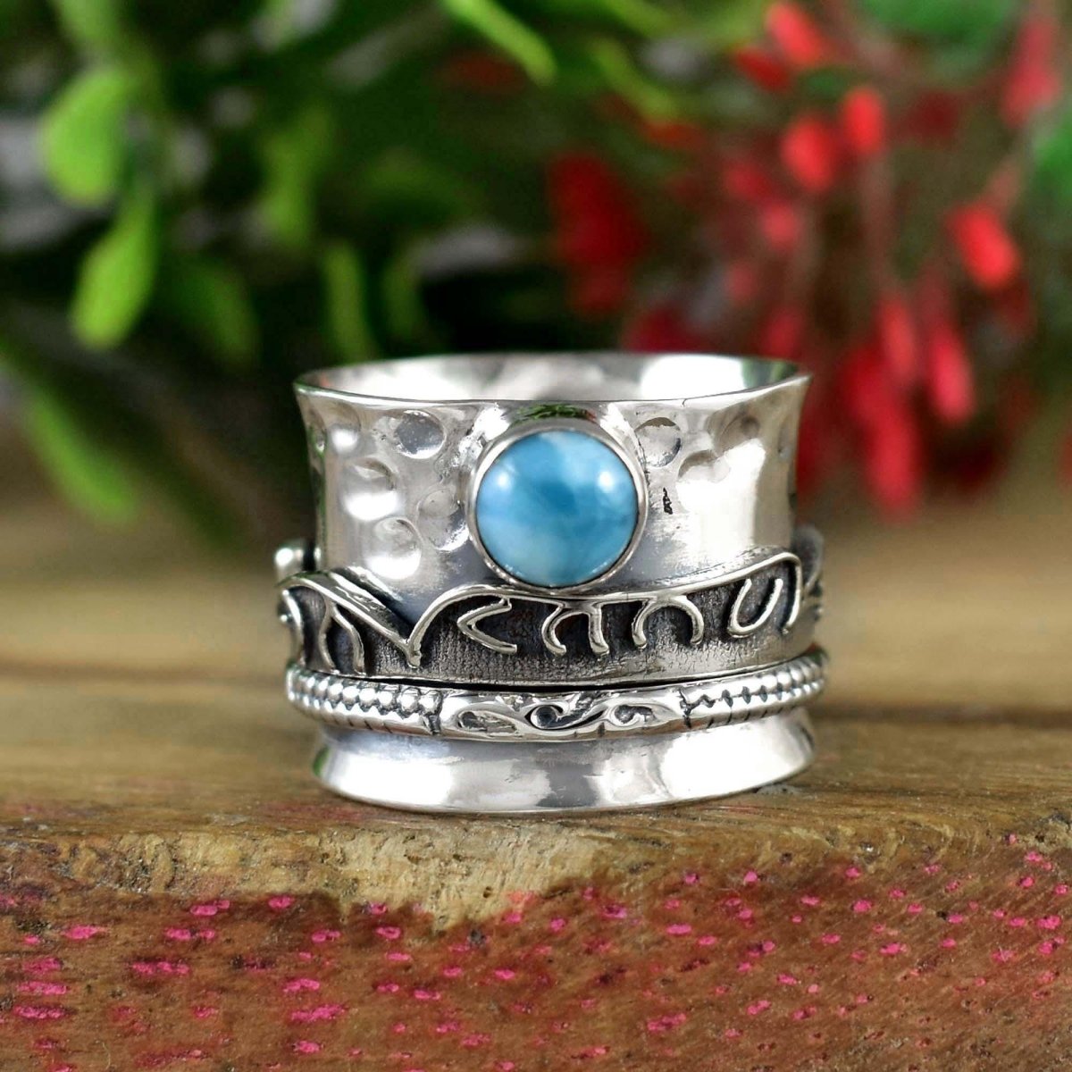 925 Silver Larimar Spinner Ring - Wide Fidget Hammered Band - BeadsBoatInc