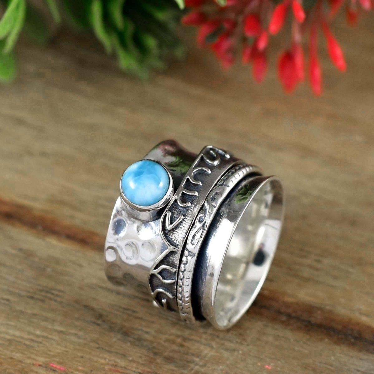 925 Silver Larimar Spinner Ring - Wide Fidget Hammered Band - BeadsBoatInc